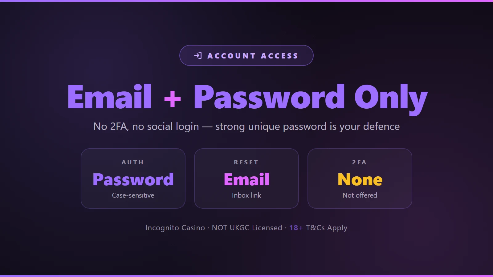 Incognito Casino login: email and password only, no 2FA, device-remember toggle, email-reset recovery